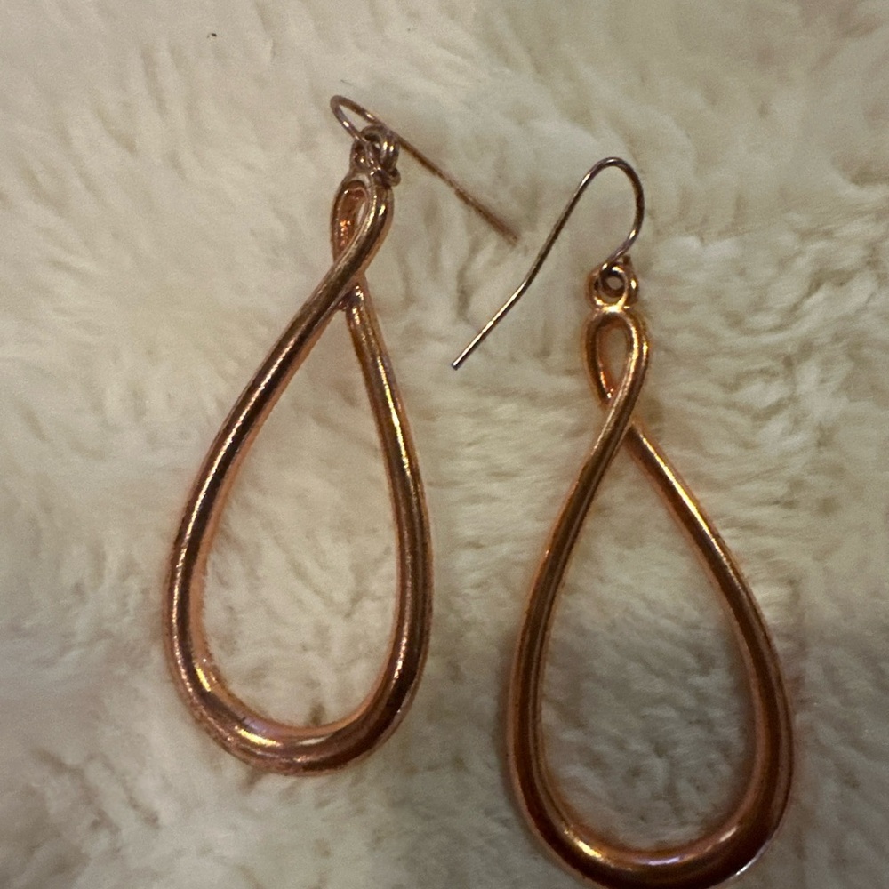 Rose Gold Toned Shiny Long Oval Pierced Earrings Jewelry Loop Dangle Twisted